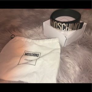 Moschino black belt silver writing